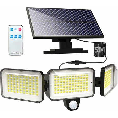 Lampe solaire exterieur detecteur de mouvement 224 led, 3 Têtes Projecteur solaire exterieur, 270 ° eclairage exterieur IP65 Étanche Lumière