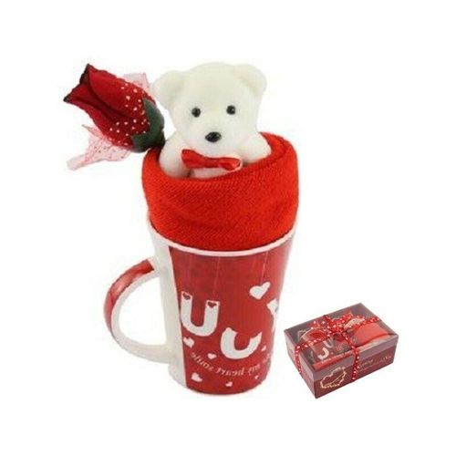 Weisser teddybär becher in plüsch blume geschenk-box für valentinstag 63298