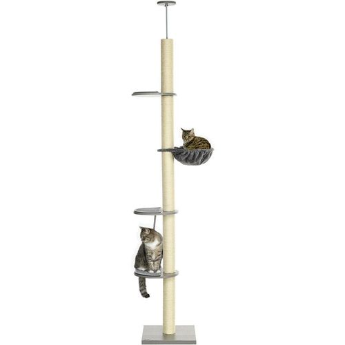 Pawhut - Kratzbaum mit Hängematte, inkl. Deckenspanner, Deckenhoch, 40 cm x 40 m x 250 cm, Grau + Cremeweiß - Grau+Cremeweiß