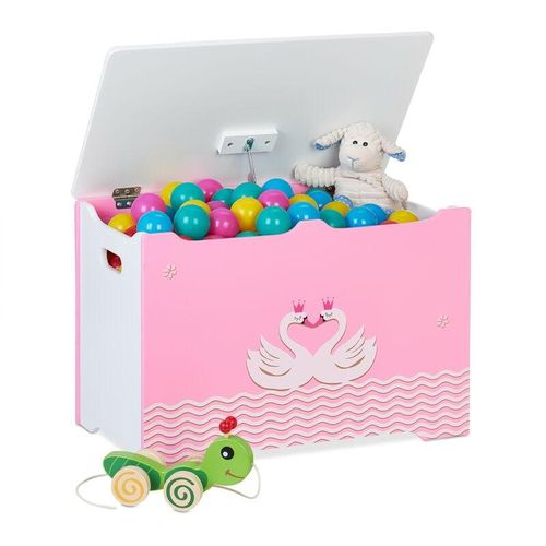 Relaxdays - Spielzeugtruhe, Schwanen-Motiv, Spielzeugkiste mit Deckel, hbt: 40 x 60 x 34 cm, mdf, Spielzeugbox, rosa/weiß