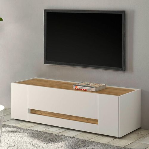 Tv Lowboard Wohnbereich modern CRISP-61 in weiß mit Absetzungen in Wotan Eiche Nb., b/h/t: ca. 140/40/45 cm - braun