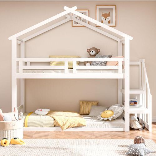Kinderbett Etagenbett, Hochbett mit Sicherheitstreppe und Stauraum Weiß - 90x200 cm