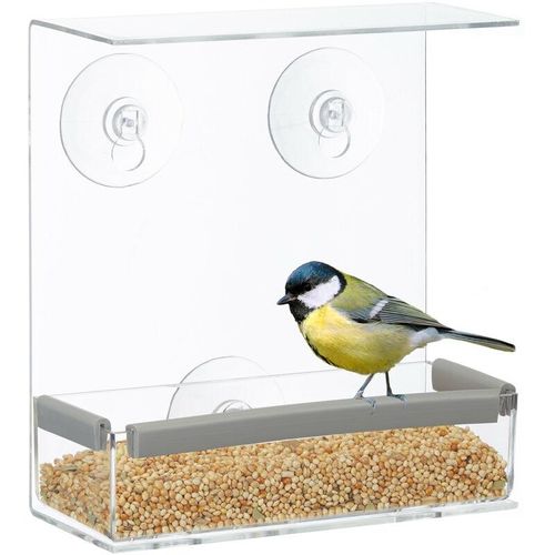 Relaxdays - Vogelfutterhaus, Vogelfutterspender aus Acryl, Vogelhaus für Fensterscheibe, 16,5 x 15 x 7,5 cm, transparent