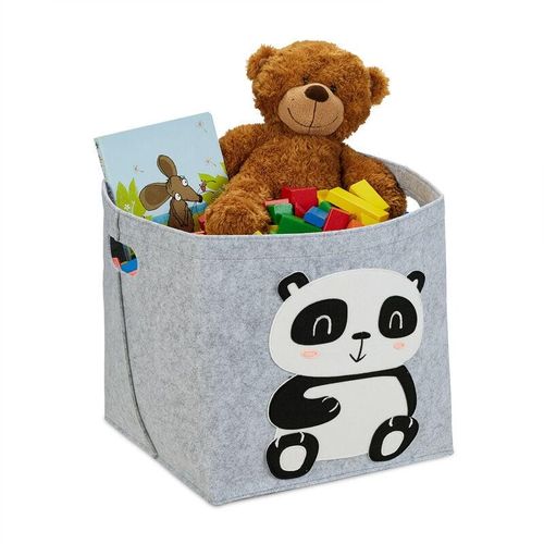 Aufbewahrungskorb Filz, Panda-Motiv, Filzkorb für Kinder, faltbar, hbt: 33 x 34 x 32 cm, Spielzeugkorb, grau - Relaxdays