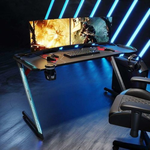 Gaming Tisch SONNI LED Computertisch Schwarz 140x60x75cm Carbon mit Mauspad