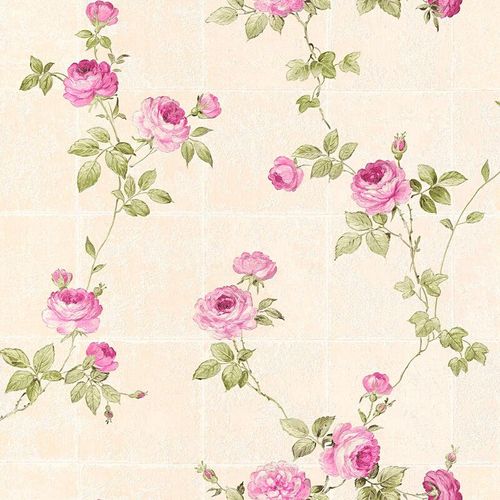 Romantische Fliesen Tapete mit Blumen | Shabby Vliestapete mit Rosen auf Fliesenoptik | Küchen und Esszimmer Rosentapete aus Vlies und Vinyl crème