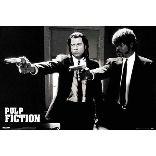 Pulp Fiction Poster Guns Travolta & Jackson Guns, Querformat, schwarz-weiß