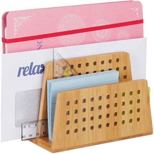 Relaxdays - Dokumentenhalter Bambus, 2 perforierte Fächer, praktischer Briefständer, Bürobedarf, Briefhalter din A5, natur