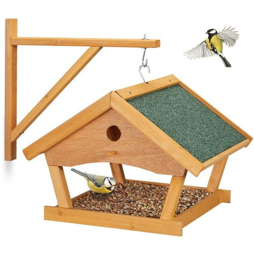 Relaxdays Vogelfutterhaus Holz, zum Aufhängen, HBT: 35x42,5x40,5 cm, Garten, Vogelfutterspender für Kleinvögel, natur