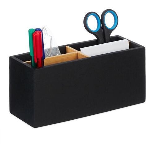 Relaxdays - Schreibtisch Organizer, Bambus, 4 Fächer, für Bürobedarf & Kosmetika, Stiftehalter, hbt: 8x21x9 cm, schwarz