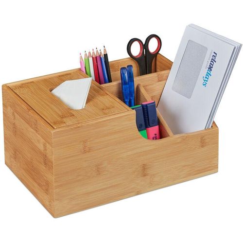 Relaxdays Büro Organizer mit Tücherbox, 4 Fächer, Bürobedarf & Kosmetik, Bambus Stiftehalter HxBxT: 14x29x19,5 cm, natur