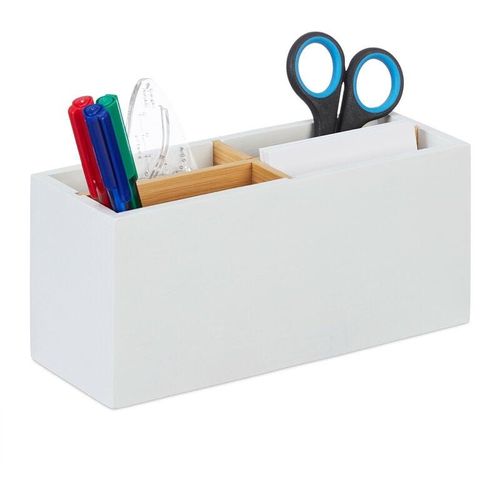 Relaxdays - Schreibtisch Organizer, Bambus, 4 Fächer, für Bürobedarf & Kosmetika, Stiftehalter, hbt: 8 x 21 x 9 cm, weiß
