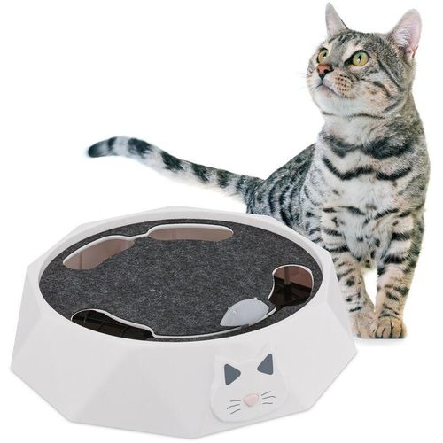 Katzenspielzeug mit Maus, hbt: 7,5x25,5x25,5 cm, interaktive Katzenspiele, Katzenrondell elektrisch, weiß/grau - Relaxdays