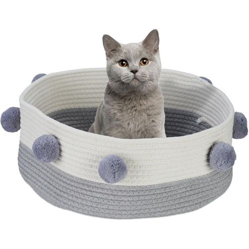 Relaxdays Katzenbett, Katzen & kleine Hunde, HxD: 16,5 x 41 cm, Bommeln, Baumwolle, geflochtener Katzenkorb, grau/weiß