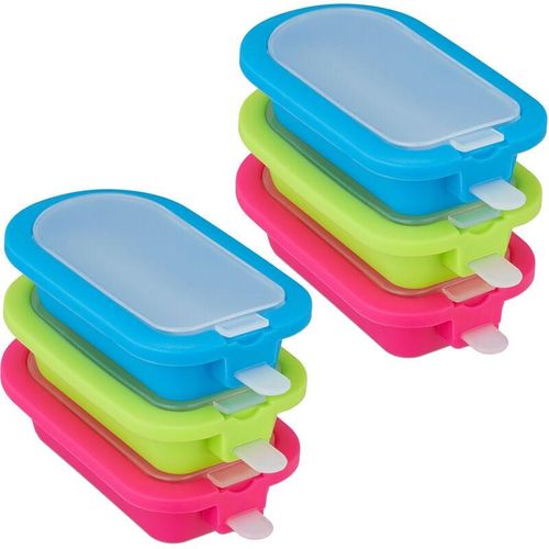 Eisformen 6er Set, Silikon, Formen für Eis am Stiel, BPA-frei, Stieleisformen, Wassereisformen, grün/blau/pink - Relaxdays