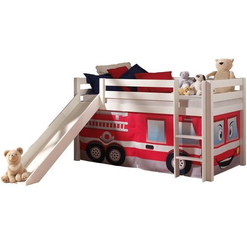 Hochbett Spielbett Kinderzimmer PINOO-12 Textilset Feuerwehr in Kiefer massiv weiß lackiert incl. Rutsche, b/h/t: ca. 210/114/218 cm - weiß