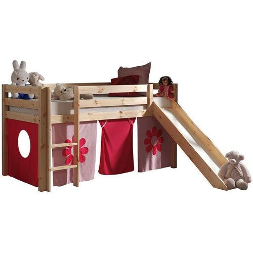 Hochbett Kinderzimmer mit Textilset Flower PINOO-12 incl. Rutsche in Kiefer massiv natur lackiert, B/H/T: ca. 210/114/218 cm