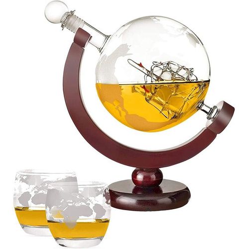 Whisky-Dekanter-Set, Globus-Dekanter-Dekanter, 850 ml mit Eisstein, 2 Whisky-Gläsern