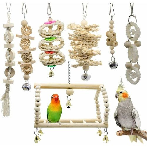 7-teiliges Set zum Aufhängen von Vogelspielzeug, Hängematte, Schaukel, Glockenkette, Kauspielzeug für Papageien, Aras, Grausittiche, Wellensittiche