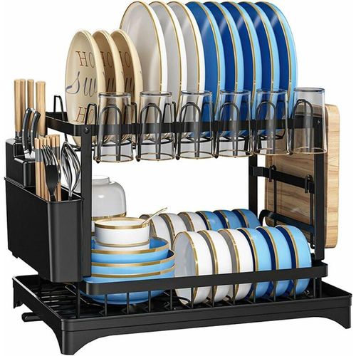Geschirrspüler, abnehmbarer Geschirrspüler auf 2 Etagen mit Abtropfschale, Besteckhalter, großer Geschirrhalter für Küchenarbeitsplatte Schwarz Stil