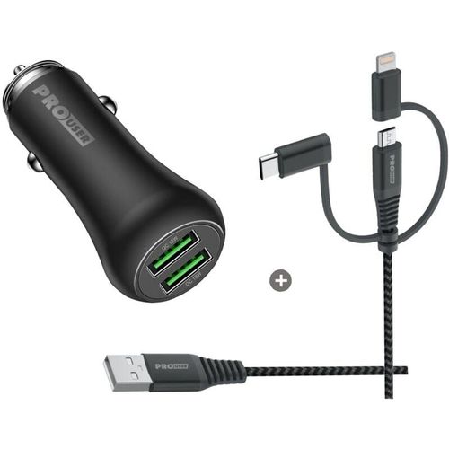 Prouser - Dual kfz USB-Lader-Set 20173, 36 w, 3in1 USB-Kabel, schwarz