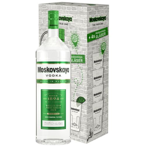 Moskovskaya Premium Vodka - 3l Doppelmagnumflasche + 4 Gläser GRATIS in Geschenkverpackung