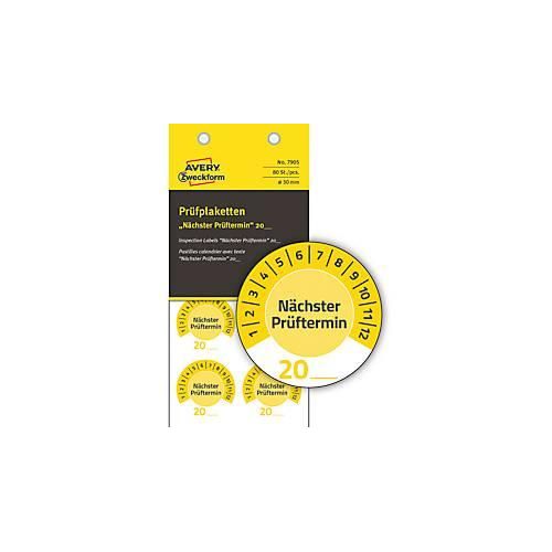 Avery Zweckform Prüfplakette 7905 „Nächster Prüftermin“ 20__zum Selbereintragen, extrem robust, Ø 30 mm, 80 Stück/10 Bogen, Vinylfolie, gelb