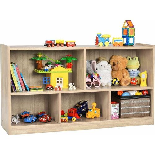Kinder Spielzeugschrank Holz, Spielzeugregal mit 2 großen Fächern und 3 kleinen Fächern, offen, Kinderregal für Spielzeug, Puppen und Bücher, 111 x