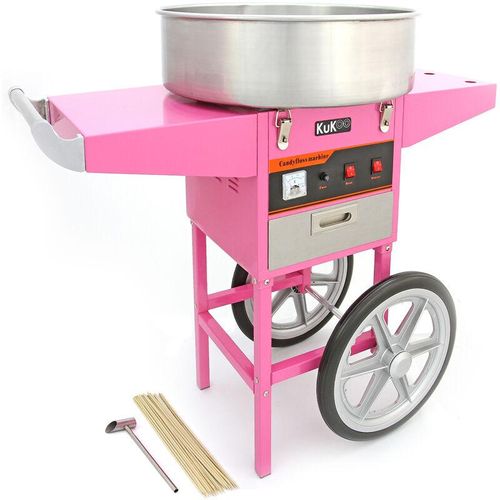 KuKoo Rosa Zuckerwattemaschine Zuckerwattegerät Zuckerwatte mit Wagen, Schubfach und 500 Holzstäbchen - Pink