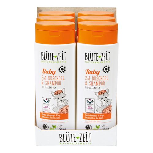 BLÜTE-ZEIT Baby 2in1 Duschgel & Shampoo mit Bio-Calendula 250 ml, 6er Pack