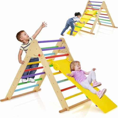 3 in 1 Kinder Kletterdreieck-Set, Dreieck-Kletterspielzeug mit doppelseitiger Rampe, Klettergerüst Holz zum Rutschen und Klettern, Kletterspielzeug