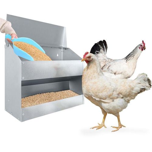 Futterautomat Hühner Hühnerfutter 15KG Groß Automat Hängend Geflügelfutterautomaten mit Deckel aus Edelstahl, Automatischer Feeder Aufhängbar