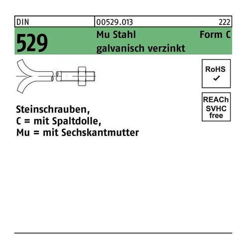Steinschraube DIN 529 m.Spaltdolle/6-kantmutter CM 12 x 150 Mu 3.6 galvanisch verzinkt