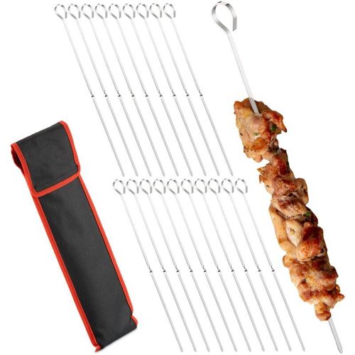 Grillspieße Edelstahl, 20er Set Schaschlik-Spieße, mit Tasche, Fleisch & Gemüse, 31 cm, Metallspieße, silber - Relaxdays