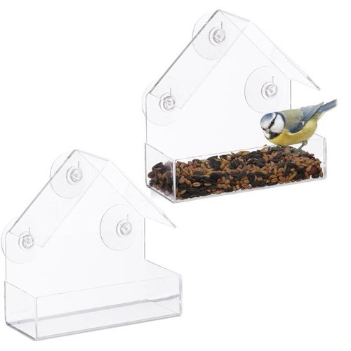 Fenster-Vogelfutterhaus 2er Set, 3 Saugnäpfe, Vogelfutterstation mit Dach, hbt: 15 x 15 x 7 cm, transparent - Relaxdays