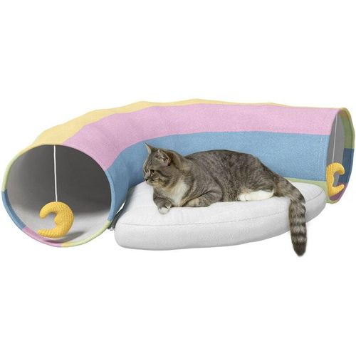 Katzentunnel Katzenspielzeug, 2 Spielzeuge, 1 Liegepolster, verspieltes Design, 105 cm x 65 cm x 28 cm, Mehrfarbig - mehrfarbig
