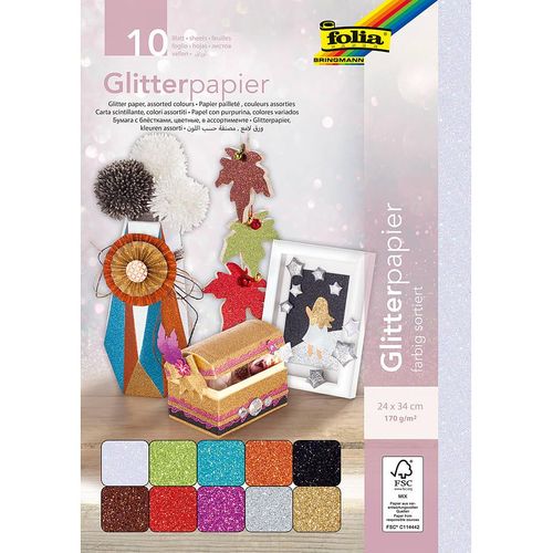 Folia Glitterpapier in Bunt - 10 Stück - (L)34 x (B)24 cm