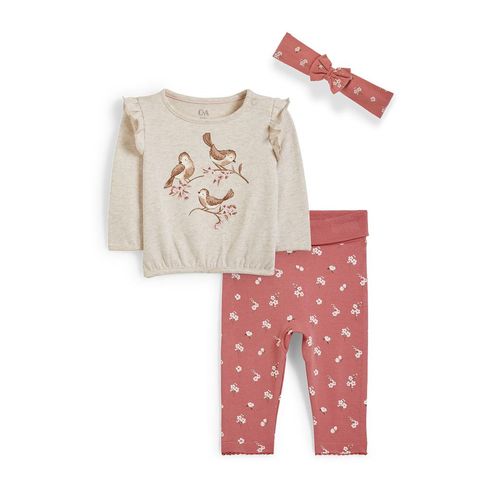 C&A Vogeltjes-baby-outfit-3-delig, Roze, Maat: 50