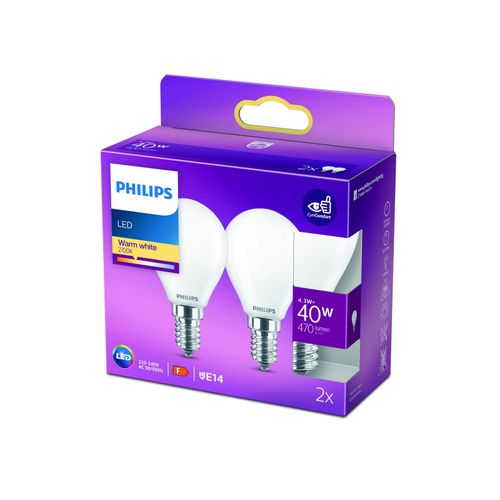 Philips LED-Tropfenlampe E14 4,3W 2.700K opal 2er