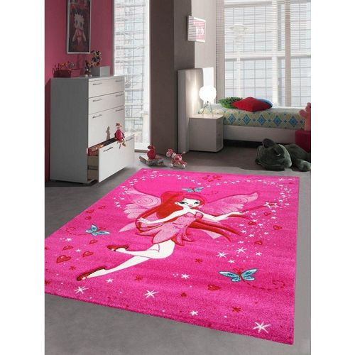 Kinderteppich Kinderteppich Spielteppich Kinderzimmer Teppich Zauberfee mit Schmetterlinge Pink Creme Rot Türkis