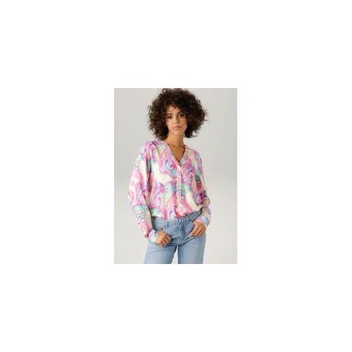 Schlupfbluse ANISTON CASUAL Gr. 44, bunt (pink-hellpink-rosa-weiß-hellblau-gelb-lila grün) Damen Blusen mit graphischem Druck in 2 Farbkombinationen