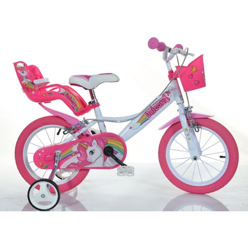 Kinderfahrrad DINO "Unicorn Einhorn" Fahrräder Gr. 25 cm, 14 Zoll (35,56 cm), pink (pink, weiß) Kinder Kinderfahrräder mit Stützrädern, Korb und Puppensitz