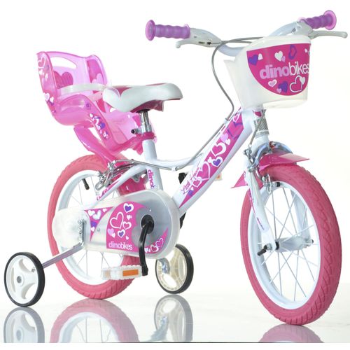 Kinderfahrrad DINO "Mädchenfahrrad 16 Zoll" Fahrräder Gr. 28 cm, 16 Zoll (40,64 cm), rosa (rosa, weiß) Kinder Kinderfahrräder mit Stützrädern, Korb und Puppensitz