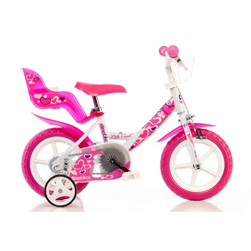 Kinderfahrrad DINO "Mädchenfahrrad 12 Zoll" Fahrräder Gr. 22 cm, 12 Zoll (30,48 cm), rosa (rosa, weiß) Kinder Kinderfahrräder mit Stützrädern, Korb und Puppensitz