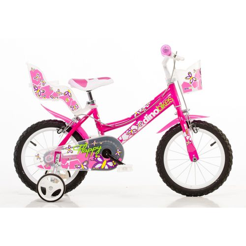 Kinderfahrrad DINO "Mädchenfahrrad 14 Zoll" Fahrräder Gr. 25 cm, 14 Zoll (35,56 cm), pink Kinder Kinderfahrräder mit Stützrädern, Korb und Puppensitz