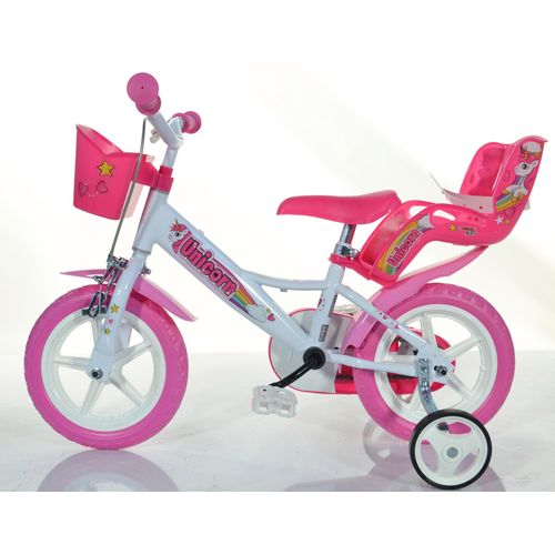 Kinderfahrrad DINO "Unicorn Einhorn 12 Zoll" Fahrräder Gr. 22 cm, 12 Zoll (30,48 cm), pink (pink, weiß) Kinder Kinderfahrräder mit Stützrädern, Korb und Puppensitz