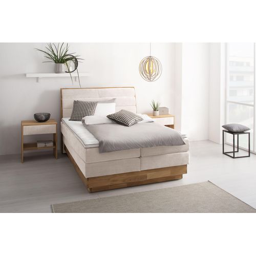 Boxspringbett OTTO PRODUCTS, beige (sabbia), B:164cm L:216cm, Komplettbetten, Boxspringbett, LED-Beleuchtung, mit zertifizierten, recycelten Bezugsstoffen