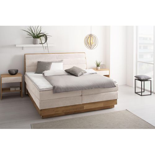 Boxspringbett OTTO PRODUCTS, beige (sabbia), B:204cm L:216cm, Komplettbetten, Boxspringbett, LED-Beleuchtung, mit zertifizierten, recycelten Bezugsstoffen