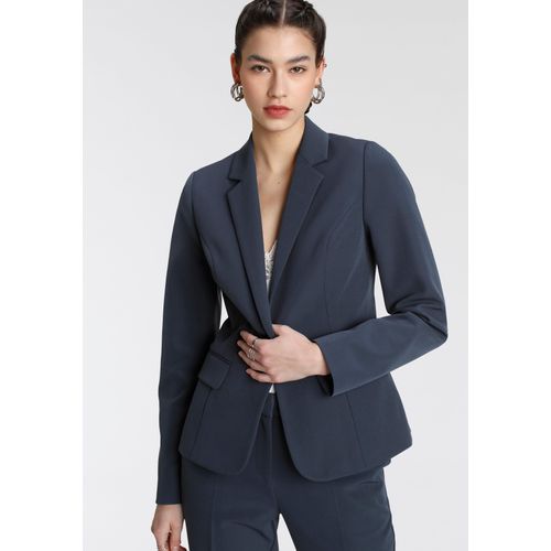 Kurzblazer TAMARIS, Damen, Gr. 38, blau (marine (blazer aus nachhaltigem material)), Web, Obermaterial: 93% Polyester, 7% Elasthan. Futter: 100% Polyester, unifarben, feminin, figurbetont hüftlang, Langarm, Blazer, in Trendfarben, Topseller