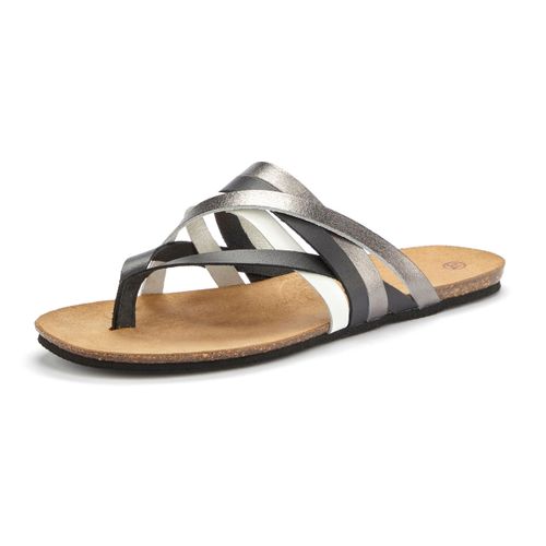 Zehentrenner LASCANA, Damen, Gr. 38, silber (schwarz, silberfarben), Obermaterial: 100% Rindsleder. Decksohle: 100% Rindsleder. Laufsohle: 100% Synthetik, metallic, casual, Schuhe, Sandale, Pantolette aus Leder mit Korkfußbett